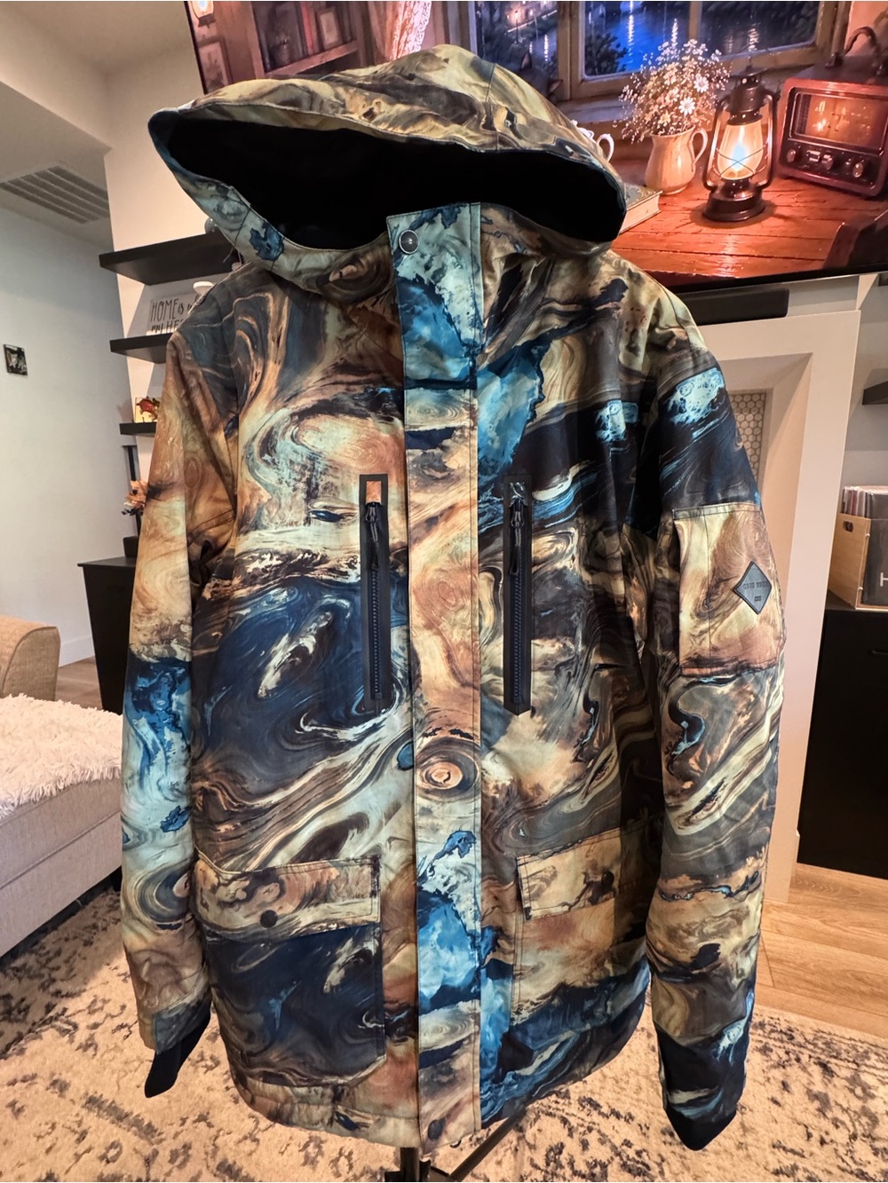 GSOU SNOW Men's Ski Jacket L 15K Waterproof Marble Pattern Insulated Snowboard